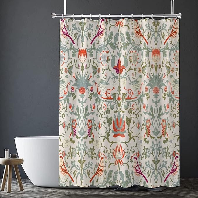 Bohemia William Morris Art Fabric Shower Curtain,Abstract Retro Mid Century Boho Floral Bird Hotel Quality,Machine Washable,72L x72W for Bathroom.