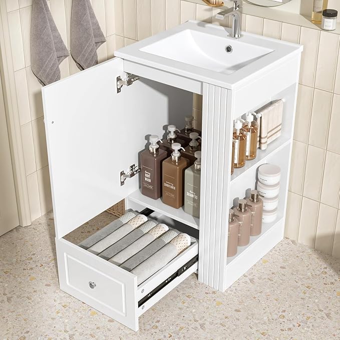 Virubi 20 in Small Bathroom Vanity with Sink,Drawer,Doors and Side Storage & Toilet Paper Holder, Solid Wood & MDF Modern Single Bathroom Sink Cabinet with Drawers,Freestanding (White,20 in)