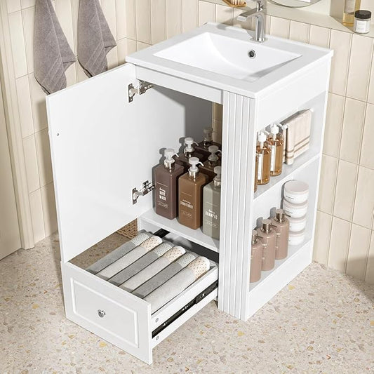 Virubi 20 in Small Bathroom Vanity with Sink,Drawer,Doors and Side Storage & Toilet Paper Holder, Solid Wood & MDF Modern Single Bathroom Sink Cabinet with Drawers,Freestanding (White,20 in)