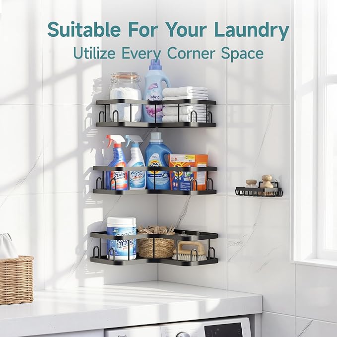 Veken Corner Adhesive Shower Caddy 4-Pack with Soap Holder&Hooks,No Drilling Shower Shelves,Rustproof & Waterproof Bathroom Organizers and Storage,Rack for Small Spaces, Kitchen&Rental-Friendly,Black