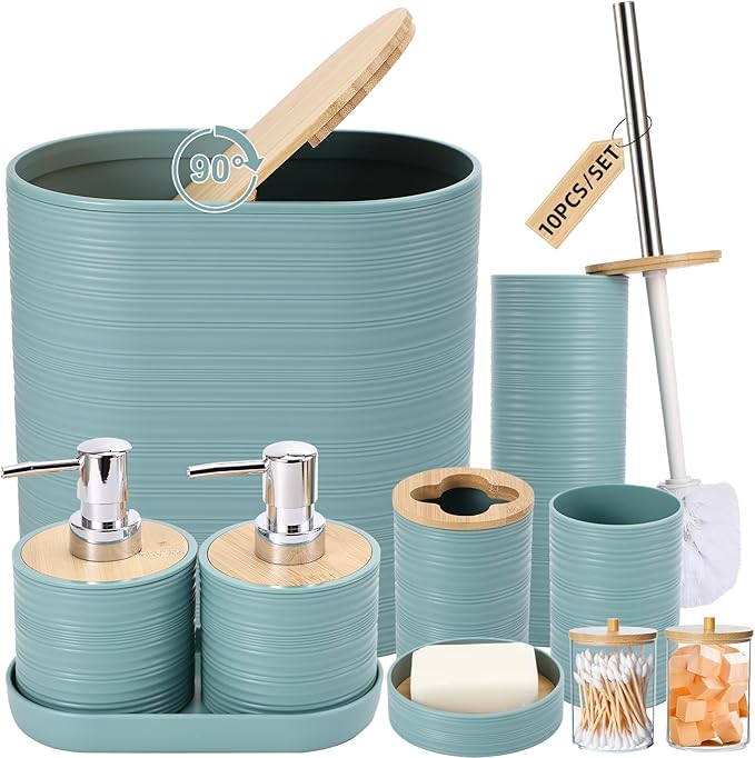 XLHOMO Blue Bathroom Set, Light Blue Bathroom Accessories Set with Trash Can, 2PCS Soap Dispensers, Soap Dish, Toothbrush Holder, Toothbrush Cup,Toilet Brush, Tray and Qtip Holders for Bathroom Decor