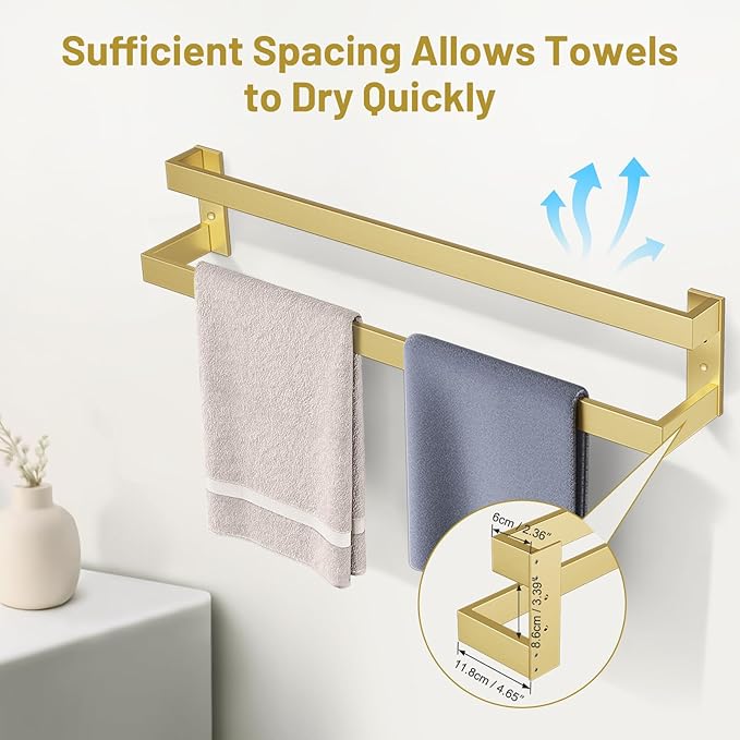 TNOMS Double Towel Bar,Towel Rack for Bathroom Stainless Steel Wall-Mounted Bathroom Hardware Brushed Gold 24 Inch Bathroom Accessories