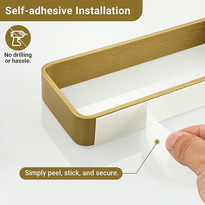 SAYAYO Brushed Gold Hand Towel Holder for Bathroom Wall, 16 Inch Self Adhesive Towel Bar Hand Towel Rack Square Heavy Duty