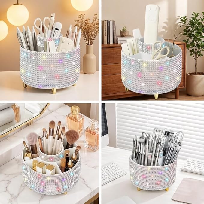 Bling Makeup Brush Holder,360° Rotating Makeup Brush Organizer,5 Slot Make up Brushes Cup for Cosmetics,Large Capacity,For Nail Polish, Art Supply, Bathroom Vanity,Cosmetics Organizer,Diamond White