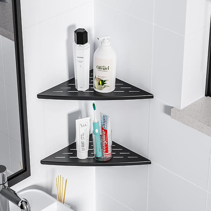 Qeke Corner Shower Shelf Matte Black, 304 Stainless Steel 11.5” Recessed Corner Shelf Bathroom for Tiled Wall, Floating Shower Shelves Shampoo Holder, No Drilling, 2 Pack