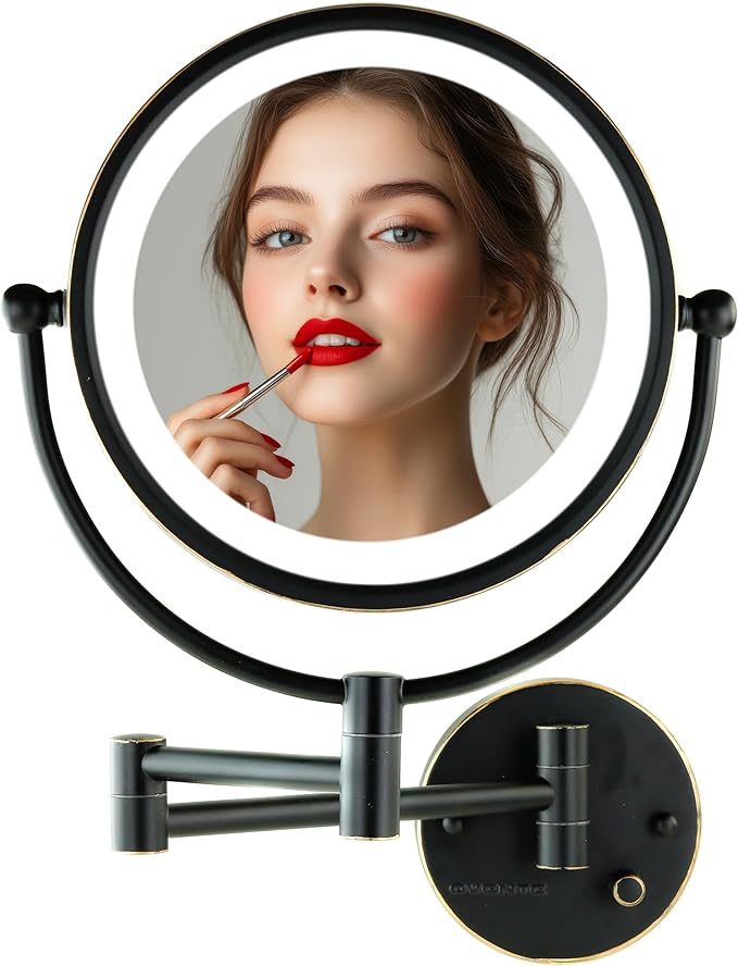 OVENTE Wall Mounted Lighted Makeup Vanity Mirror, 9" Hard Wired Double Sided 1X/7X Magnifying Bathroom Mirror, Dimmable LED Lights, 360° Rotation and 14" Extendable Arm, Rubbed Bronze MPWD3185BZ1X7X