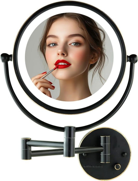 OVENTE Wall Mounted Lighted Makeup Vanity Mirror, 9" Hard Wired Double Sided 1X/7X Magnifying Bathroom Mirror, Dimmable LED Lights, 360° Rotation and 14" Extendable Arm, Rubbed Bronze MPWD3185BZ1X7X