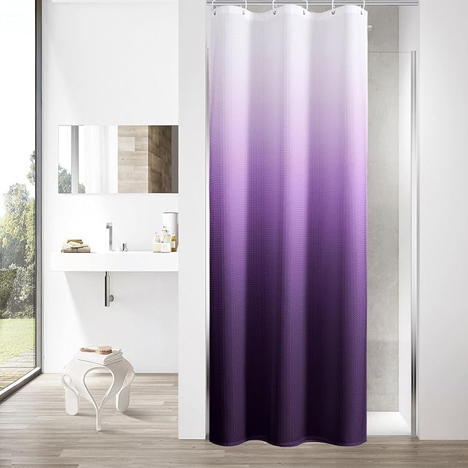 MitoVilla Purple Ombre Waffle Small Stall Shower Curtain 36 x 72, Half Size Fabric Narrow Shower Curtains for Bathroom Decor, 36 inch Weighted Shower Curtain Set with Plastic Hooks