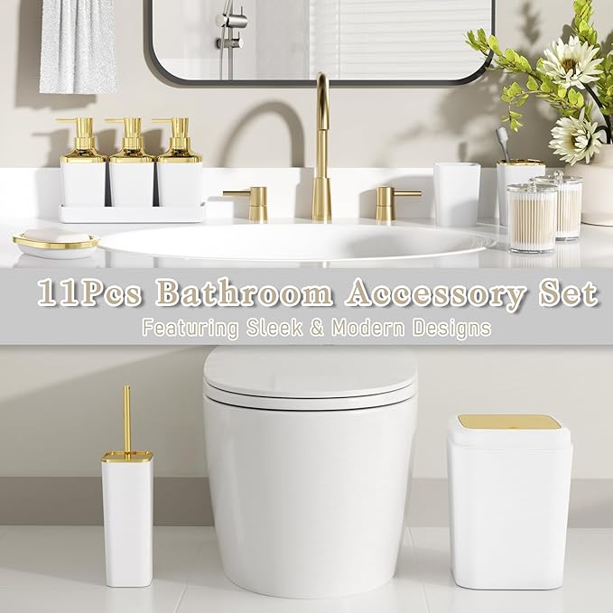 Bathroom Set — Bathroom Accessories Set, 11PC Bathroom Accessory Set, White Bathroom Set with Push-lid Trash Can, 3PC Soap Dispensers, Toilet Brush & Qtip Holders