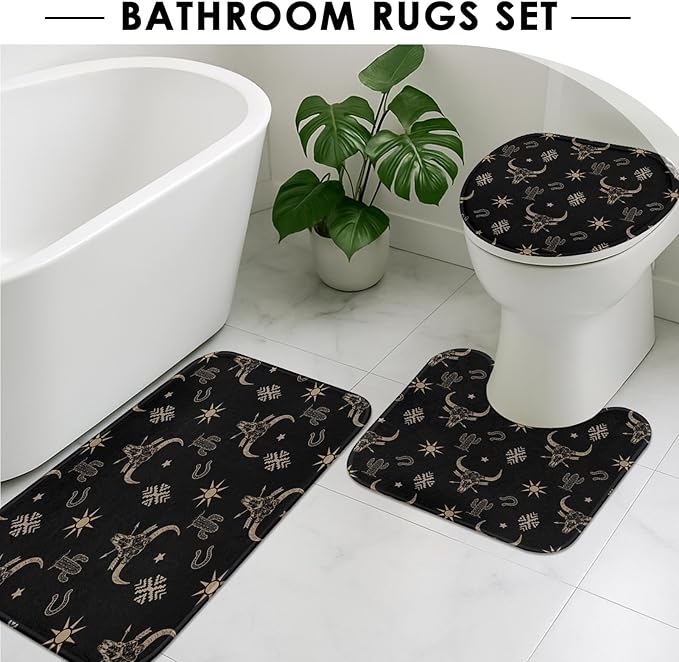 Western Cow Skull Shower Curtain Set with Toilet Lid Cover and Non-Slip Rugs, Black Gold Western 4 Pcs Shower Curtain with 12 Hooks, Cactus Farmhouse Bathroom Set with Rugs and Accessories