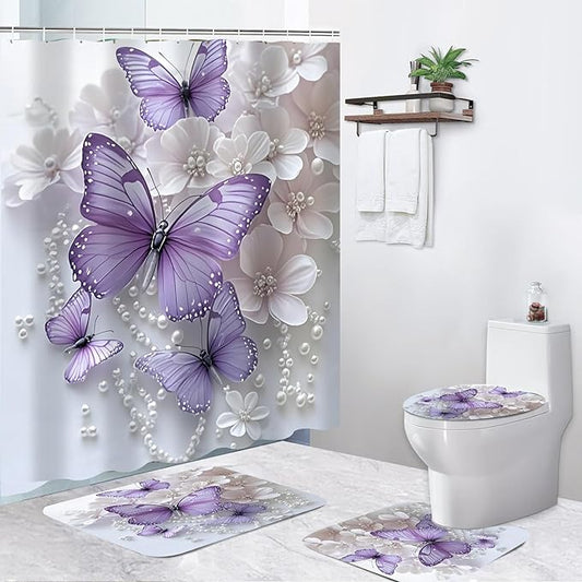 ZLQQ 4Pcs Butterfly Shower Curtain Sets with Rugs Butterfly Pearl Bathroom Set with Non-Slip Rugs Toilet Lid Cover and Bath Mat Vintage Shower Curtain with 12 Hooks, Durable Bathroom Decor Set