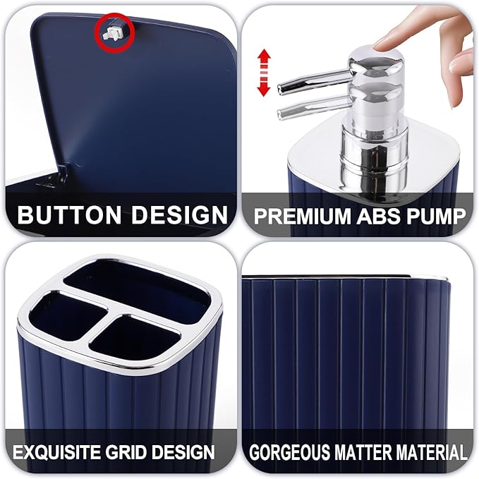 XLHOMO Bathroom Set with Shower Curtain and Rugs- 25PC Bathroom Accessory Set, Navy Blue Shower Curtain Set, Toilet Brush, Trash Can, Qtip Holder & Soap Dispenser