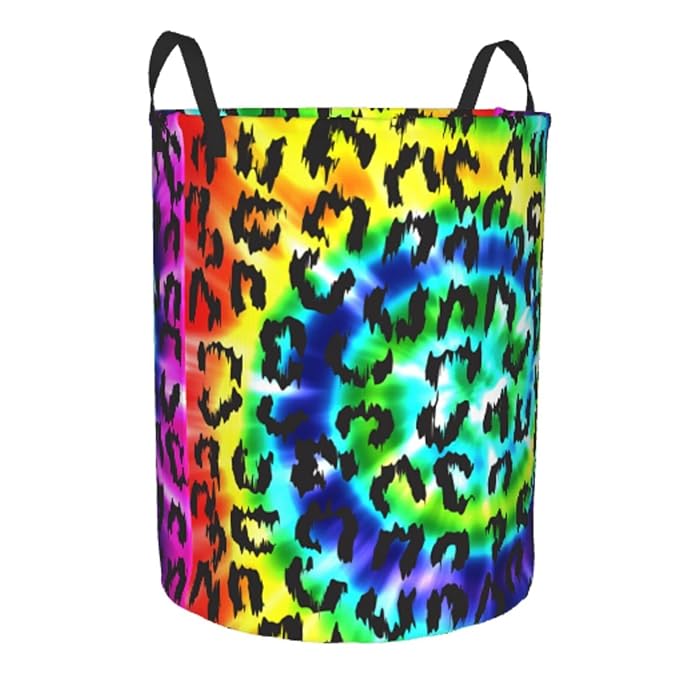 Leopard Round Laundry Hamper Rainbow Tie Dye Storage Basket Toys Clothes Organizer Bin For Home Bathroom Bedroom Dorm Nursery, 38l