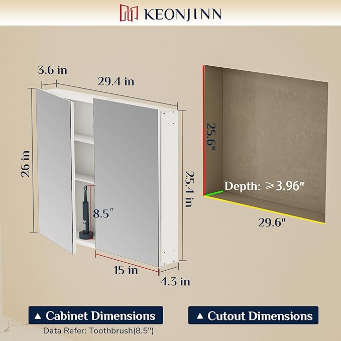 Keonjinn 30 x 26 Inch Bathroom Medicine Cabinet with Mirror, Assembly Required, Combined Double Doors Wall Cabinets, Flexiable Ample Storage, Recessed or Surface Mount, Soft Closing