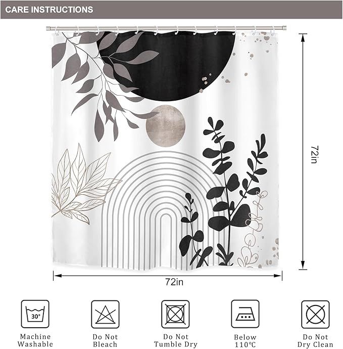 Riyidecor Black White Boho 4Pcs Bathroom Shower Curtain Sets Gray Retro Abstract Leaves Bathroom Decor Set with Rugs and Accessories Modern Neutral Toilet Lid Rug, Contour and Bath Mat with 12 Hooks