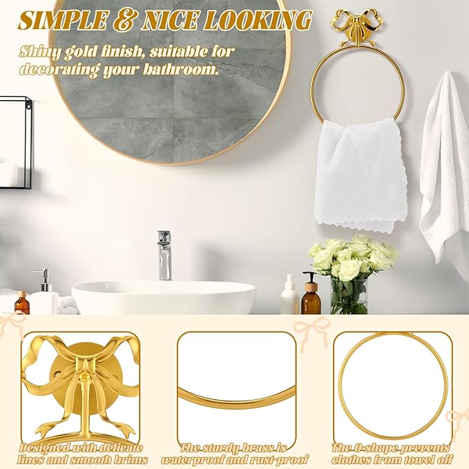 MorningRo Coquette Gold Bow Towel Holder Brass Gold Bow Hand Towel Ring Retro Bathroom Hardware Accessories Vintage Girly Wall Mount Hanger Ring for Room Bathroom Kitchen Decor