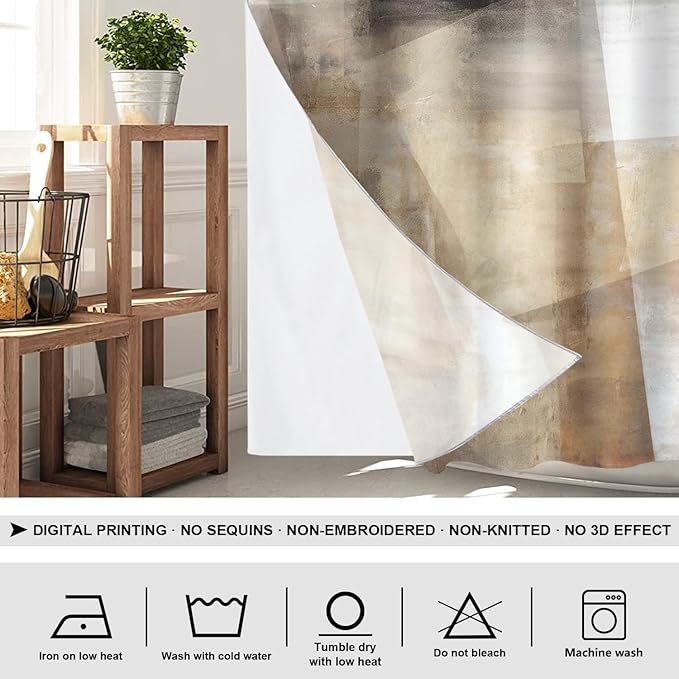 Shrahala Brown Abstract Art No Hooks Shower Curtain with Snap in Liner Set, Beige Painting Bathroom Décor Polyester Fiber Waterproof for Stall Bathtubs 54 X 80 in