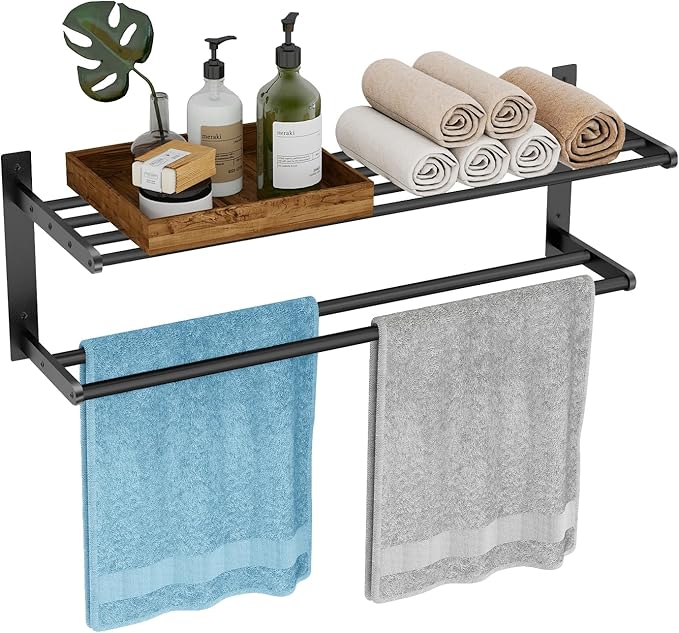 Bathroom Towel Rack 24", 2 Tier Towel Racks for Bathroom Wall Mounted, Bathroom Shelf with Double Towel Bar, Stainless Steel Towel Storage for Bathroom Lavatory Towel Holder Hanger, Black