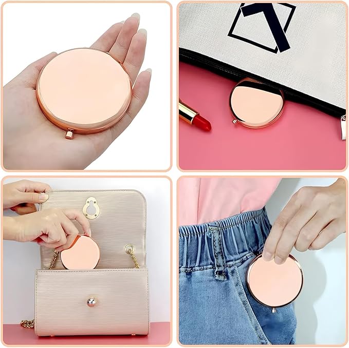Rose Golden Compact Mirror for Purse, Double-Sided 1X/2X Magnifying, Portable Travel Makeup Mirror, Folding Mini Pocket Mirrors(Rose Gold)