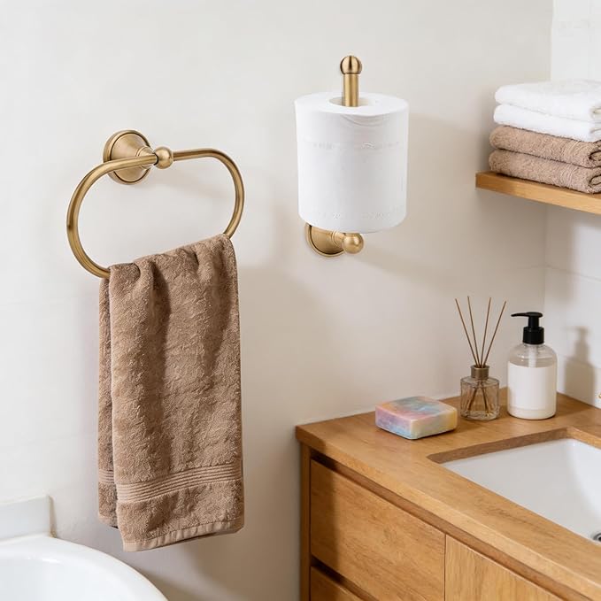 2pcs Antique Brass Toilet Paper Holder, Retro Brass Hand Towel Ring Tissue Roll Paper Hanger Wall Mounted Bathroom Accessories for Home Hostel