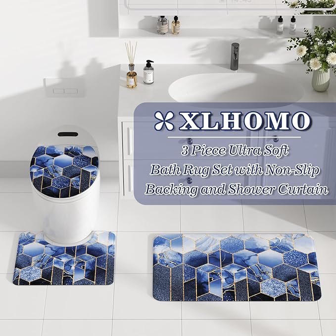 XLHOMO Bathroom Sets with Shower Curtain and Rugs - 4PC Navy Blue Geometric Shower Curtain Set with 12 Hooks, Toilet Cover, U-Shaped Mat and Rugs Modern Abstract Bathroom Accessories for Bathroom