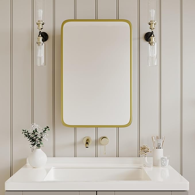 AGDULL Vintage-Style Bathroom Wood Black Cabinet with 16.5''x24'' Brushed Gold Metal Frame Curved Mirror, Recessed Medicine Cabinet, Bathroom Storage Cabinet