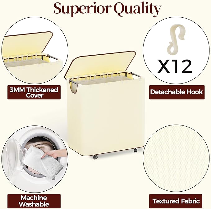 LAMU 160L Laundry Basket with Wheels, Rolling Laundry hamper with Lid and 3 Removable Laundry Bag, Beige Large Capacity 3 Section Dirty Clothes Hampers for Laundry Room, Bedroom, Bathroom, Dorm