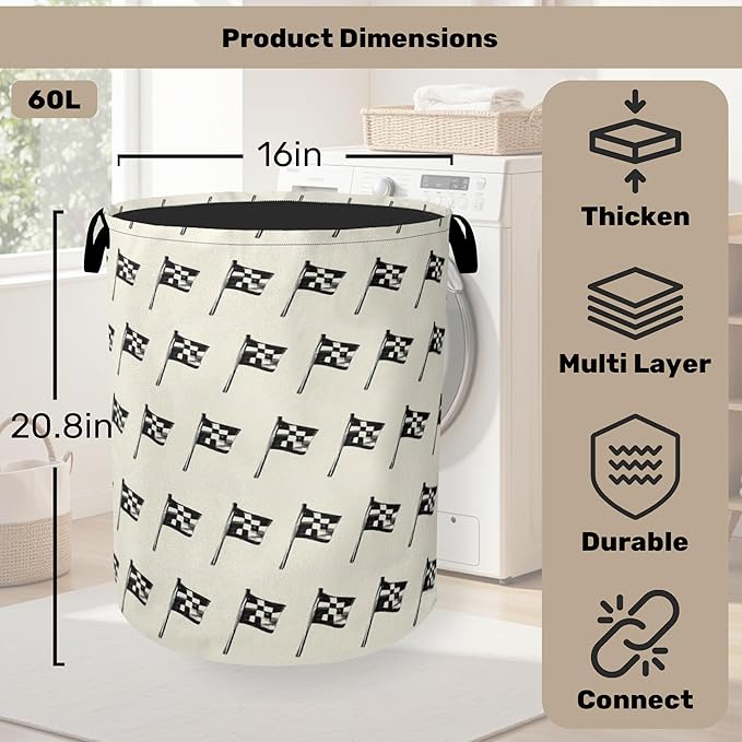 Racing Flag Foldable Canvas Laundry Basket with Handles - Toy Organizer, Heavy Duty for Home，Bedroom, Dorm, Bathroom