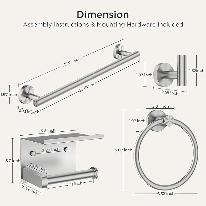 FORIOUS Bathroom Hardware Accessories Set, SUS304 Stainless Steel Towel Bar Set, Modern Towel Racks Holder for Bathroom, Toilet Paper Holder Wall Mounted 5 Pieces(24" Bar, Brushed Nickel)