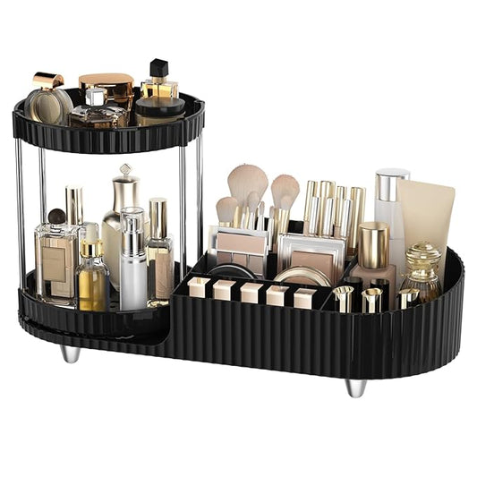 Makeup Organizer Countertop with Partition Slot for Vanity, Plastic Vanity Storage, 2-in-1 Large Desk Makeup and Skincare Organizers with Perfume Tray for Cosmetics Bathroom