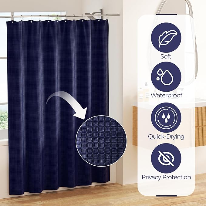 Navy Blue Bathroom Accessories Set, Bathroom Set with Shower Curtain and Rugs, Trash Can, Toilet Brush with Holder, Soap Dispenser, Toothbrush and Toothpaste Holder, Cup, Soap Dish, Qtip Holders