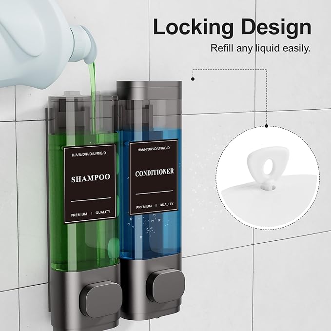 Shampoo and Conditioner Dispenser – Wall-Mounted Shower Soap Dispenser, No-Drill Installation, Lockable, 900 ml Capacity,for Bathroom & Hotel or Airbnb (Gun Gray, 2-Pack)