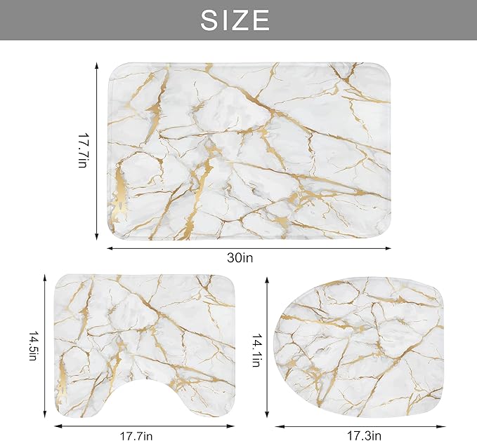 Newsely 4Pcs White and Gold Marble Shower Curtain Set With Non-Slip Rugs, Toilet Lid Cover and Bath Mat, Abstract Modern Crack Line Shower Curtain With 12 Hooks, Luxury Bath Curtain for Bathroom Decor