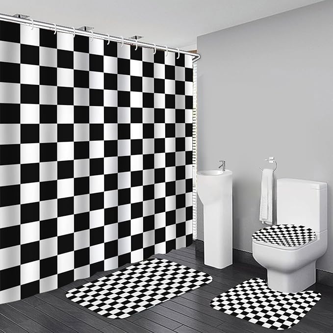 4 PCS Checkered Shower Curtain Sets Fun Gingham Bathroom Sets Soft Non Slip Bath Rugs Toilet Cover U-Shaped Mat Retro Bright Waterproof Shower Curtains with 12 Hooks for Tub Toilet, Black