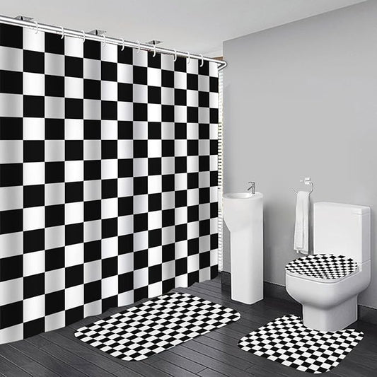4 PCS Checkered Shower Curtain Sets Fun Gingham Bathroom Sets Soft Non Slip Bath Rugs Toilet Cover U-Shaped Mat Retro Bright Waterproof Shower Curtains with 12 Hooks for Tub Toilet, Black