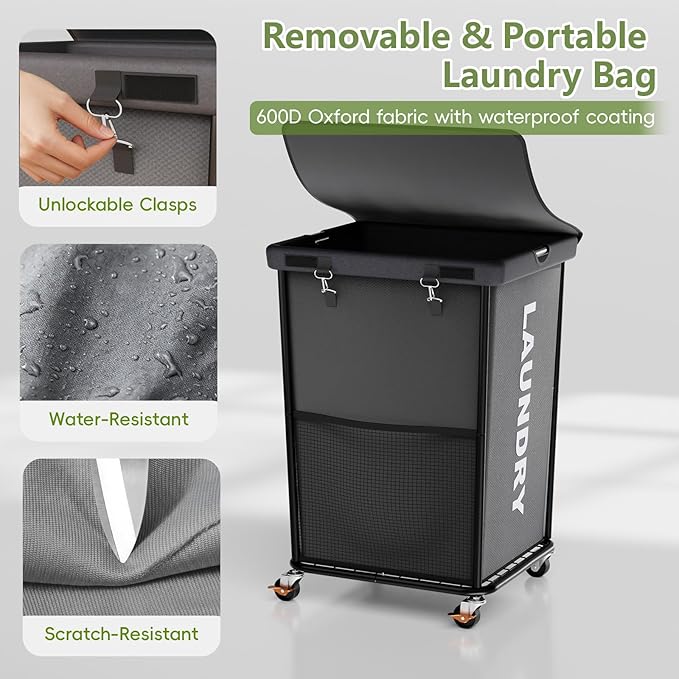 150L Laundry Basket with Wheels, Rolling Laundry Hamper with Cloth Cover, Laundry Cart with Metal Frame & Removable Bag, Large Dirty Clothes Hampers for Bedroom Aesthetic, Laundry Room Bathroom, Grey