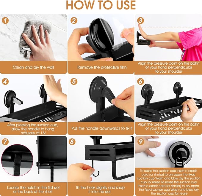 Shower Caddy Suction Cup, 15.7 inch Suction Shower Shelf with Hooks NO-Drilling Bathroom Holder, Rustproof Bathroom Organizer, Black