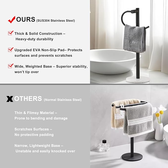 Modern Hand Towel Holder Stand, Freestanding Design with Marble Base,Good Decorating and Using in Bathroom or Kitchen to hange Hand Towel on Vanity countertop,Towel Rack (Black)