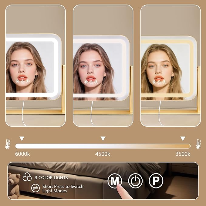 Ratsamee Gold Vanity Mirror with Lights 14"×12", Led Makeup Mirror, Lighted Makeup Mirror with 3 Color Dimmable Lights, Smart Touch Screen Control, 360°Rotation