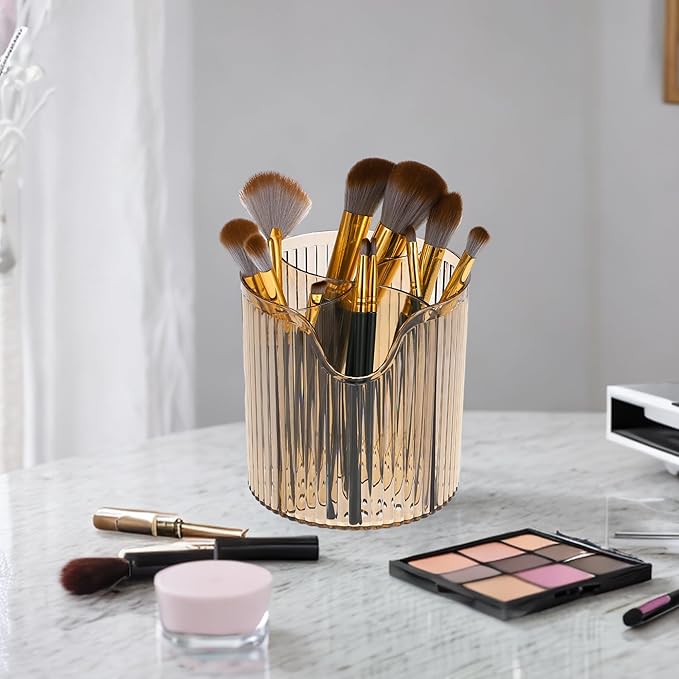 VOCOSTE Makeup Brush Cup, Makeup Organizer, 4 Slot Makeup Brush Holder, Cosmetics Storage Cup, for Vanity for Desktop, for Bathroom Countertops, Clear Brown