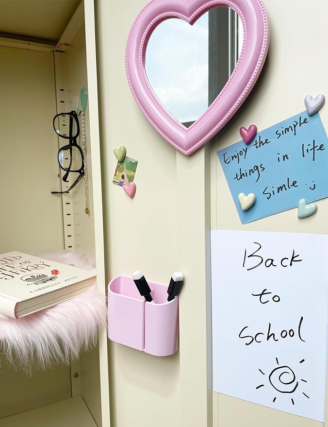 Heart Magnetic Locker Mirror for Girls, 6.9"x7.3" Real Glass Mirror Magnetic for School Locker, Locker Accessories Makeup Mirror for Bathroom Fridge Office Cabinet Gym (White)