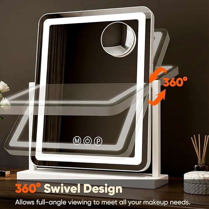 Antok Vanity Mirror with Lights, 24"X20" Lighted Makeup Mirror, Smart Touch, 3 Color Modes and Brightness Adjustable, LED Vanity Mirror with Detachable 10X Magnification, 360° Rotation for Makeup Desk