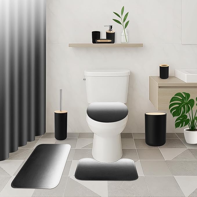 Ombre Grey Black Bathroom Decor and Accessories Set, Shower Curtain and Rug Set with Trash Can, Soap Dispenser, Soap Dish, Toothbrush Holder, Toothbrush Cup, Toilet Brush