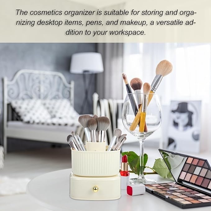 NOLITOY Makeup Brush Holder Organizer, 360?? Rotating Cosmetic Organizer with Drawer 5 Slot Makeup Brushes Cup for Countertop Dresser Bathroom Bedroom