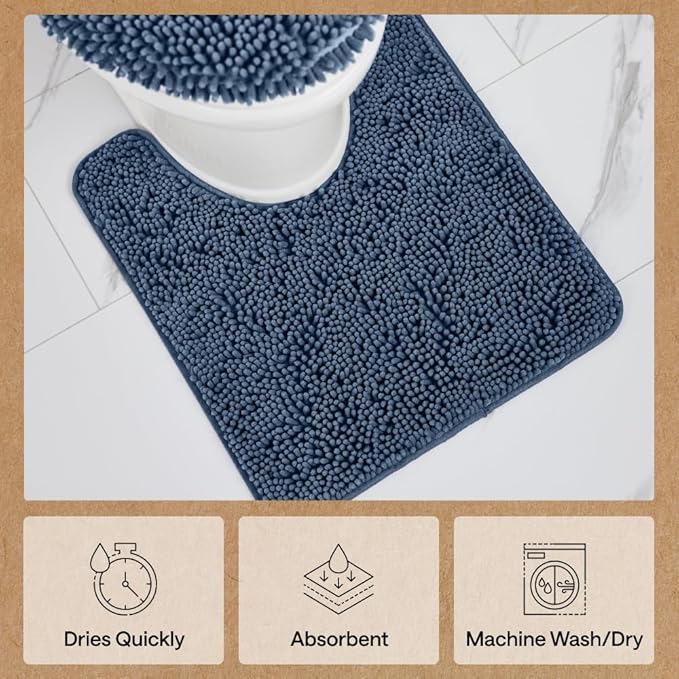 GORILLA GRIP Plush Absorbent Shaggy Chenille Bath Rug Mat for Oval Toilet Base with Rubber Backing, Machine Washable Rugs, Soft Microfiber Contour Mats for Toilets, Bathroom Decor, Navy Blu