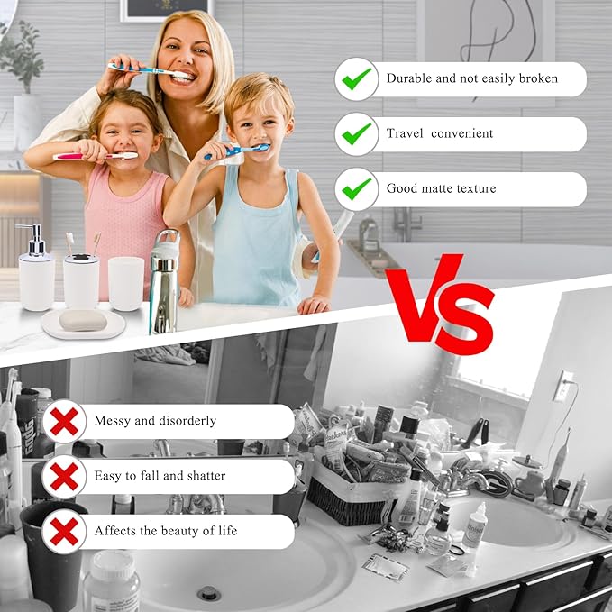 Matte White Bathroom Accessories Set, 4-Piece Plastic Bathroom Vanity Set with Soap Dispenser, Toothbrush Holder, Rinse Cup & Soap Dish, White Bathroom Counter Organizer