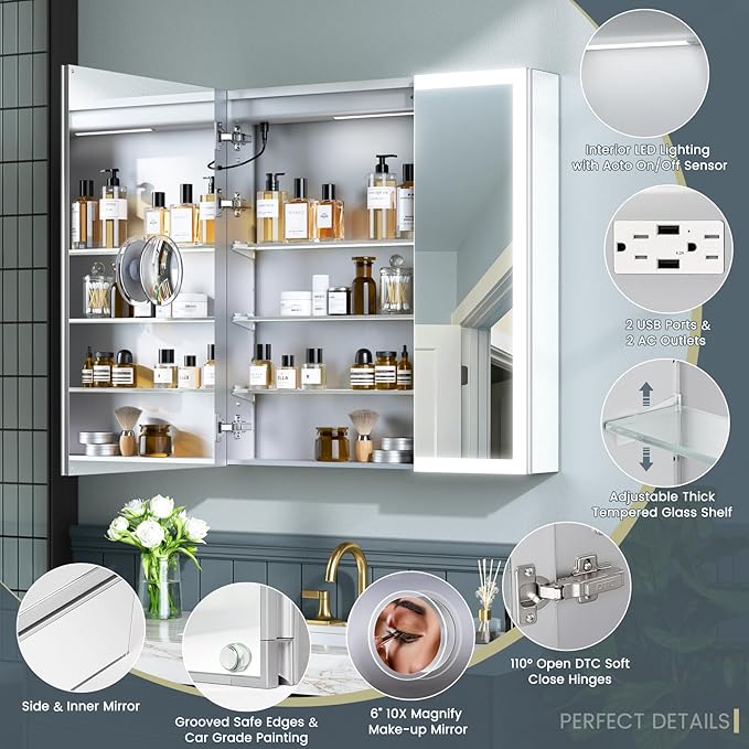 30x32 Inch Lighted Medicine Cabinet, AL Alloy Frame, Plug-in or Hardwired, Recessed or Wall Mount, Mirror Doors/3 Colors/Dimmable/Interior Sensor Light/Anti-Fog, 2 Outlets &USBs, 3 Shelves