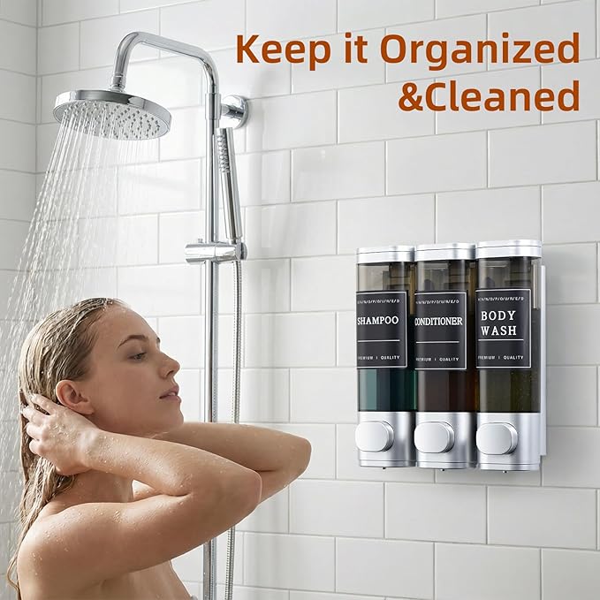 Shampoo and Conditioner Dispenser,Shower Soap Dispenser 3 Chamber No Drill Wall-Mounted for Bathroom & Hotel Leak-Proof Pumps, for Thick Liquids Like Conditioner - 1050ML High Capacity, Silver