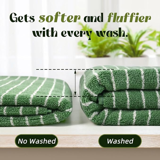 Jacquotha Bath Towels 2 Pack, Lighter & Quick Dry Towels Large 27.5 x 55 inches, Luxury Terry Cotton Towels for Bathroom Beach Swim, Forest Green & White Striped