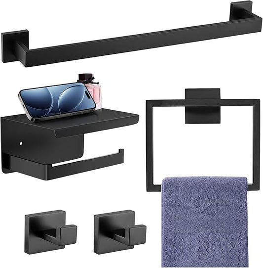 5-Pieces Matte Black Bathroom Accessories Set, SUS 304 Stainless Steel Bathroom Hardware Set, 16 Inch Towel Bar Set, Towel Holder Towel Racks for Bathroom Wall Mounted